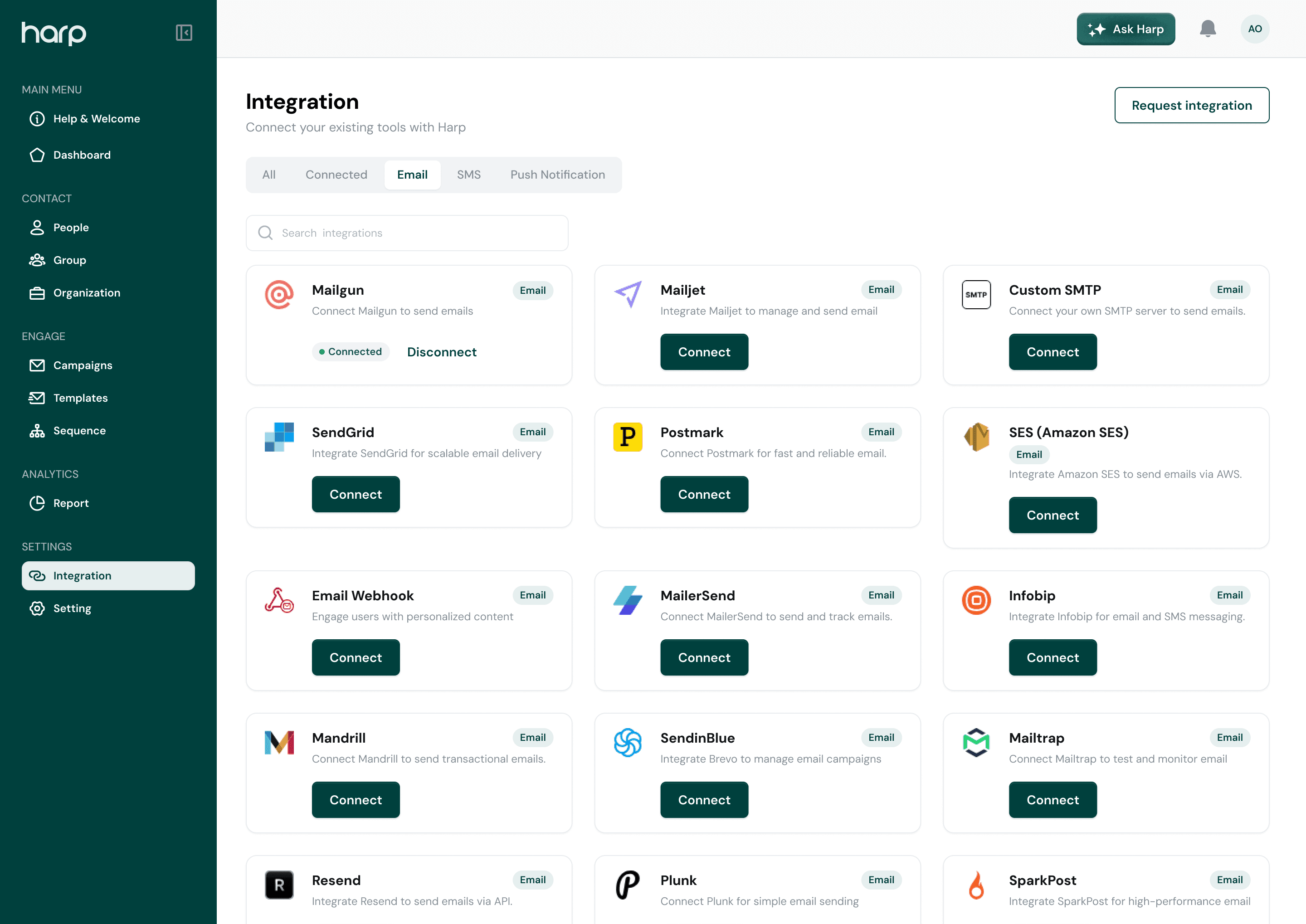 The Harp Integration screen filtered to email providers, with Mailgun connected and Mailjet, Custom SMTP, SendGrid, Postmark, Amazon SES, Email Webhook, MailerSend, Infobip, Mandrill, SendinBlue, Mailtrap, Resend, Plunk, and SparkPost ready to connect