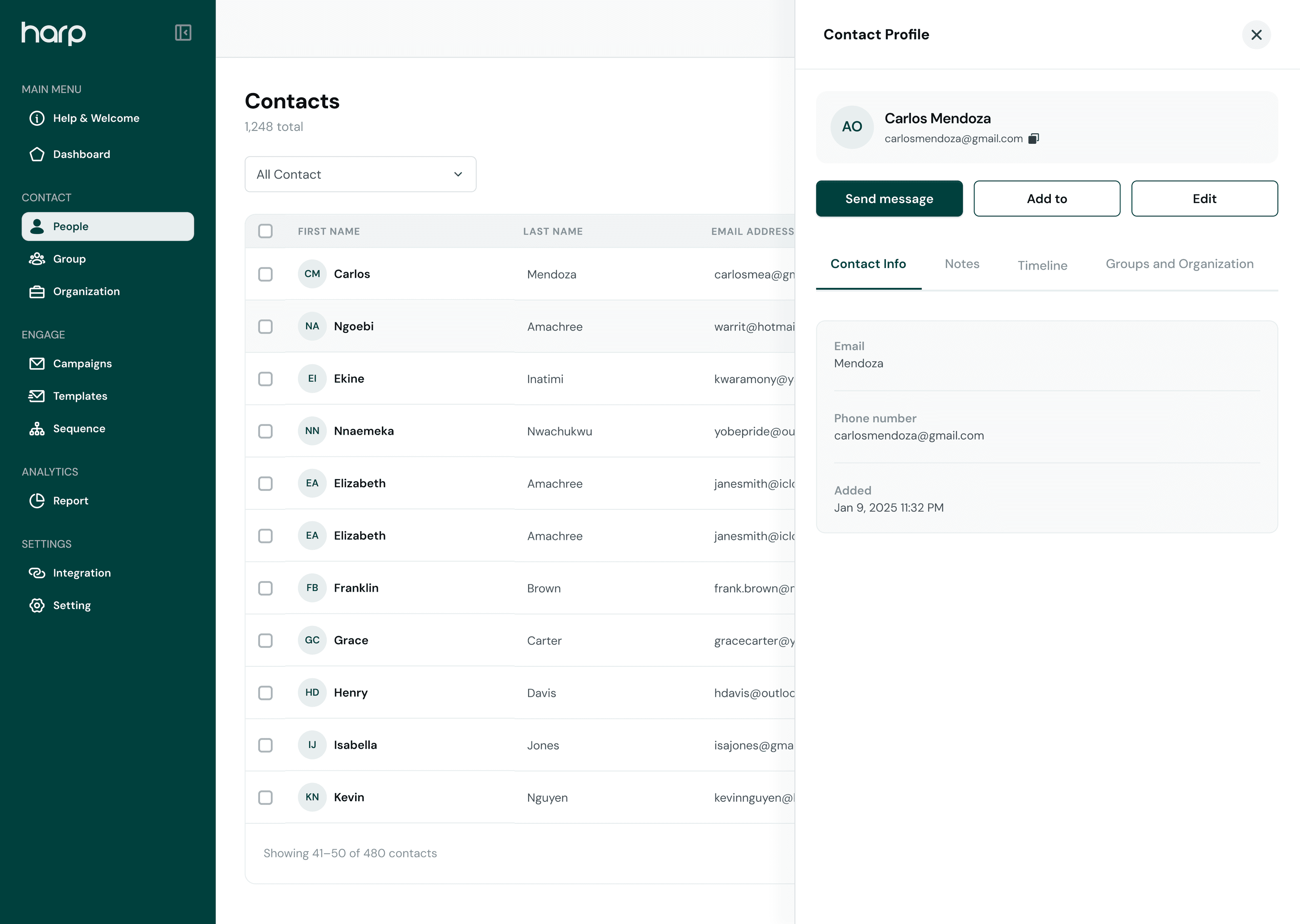The Harp Contacts screen with a contact profile open, showing contact info, notes, timeline, and groups and organization tabs