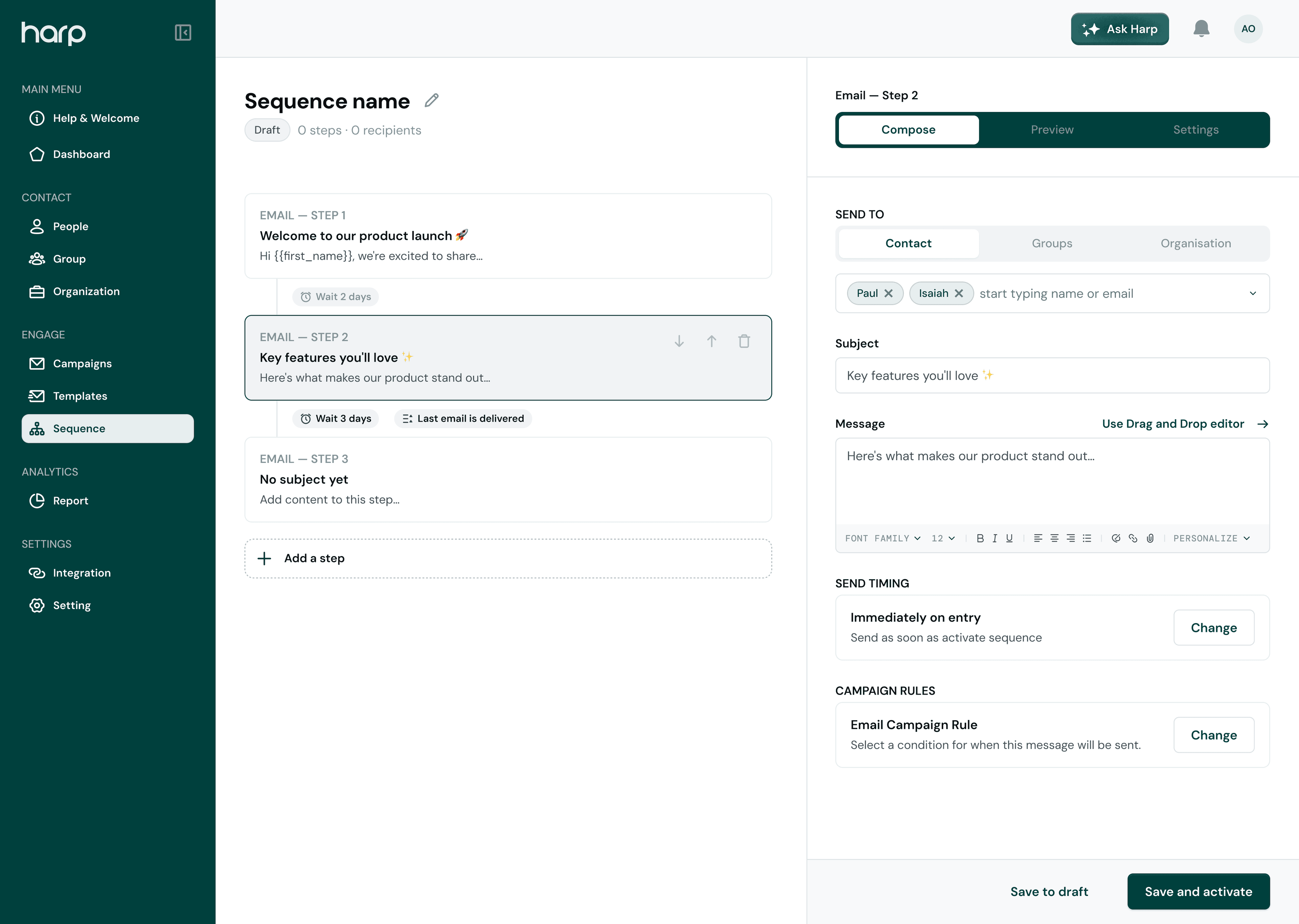 The Harp sequence builder with three email steps separated by waits, and the step 2 editor open showing recipients, subject, message, send timing, and campaign rules